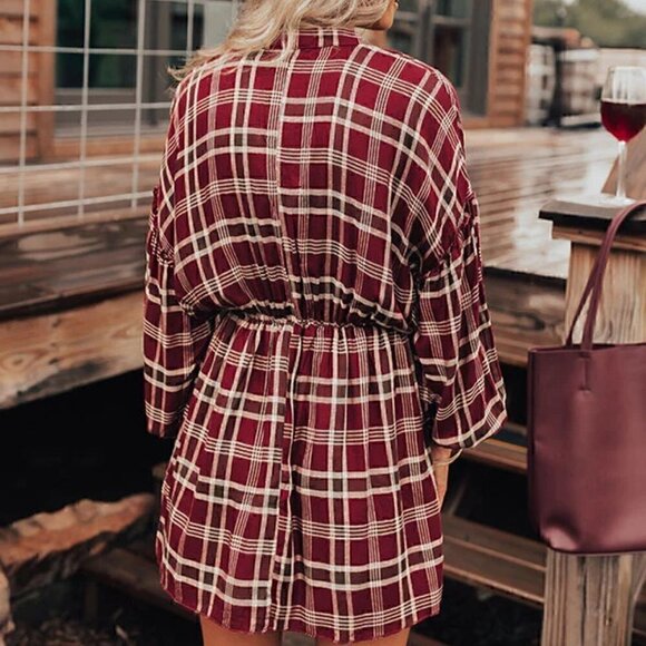 NWOT Plaid Mini Shirt Dress Elastic Waist Button Down Relaxed Style - Picture 2 of 10